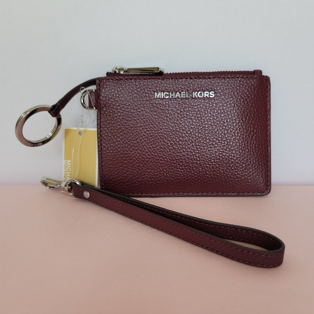 MICHAEL KORS Small Top-Zip Coin Pouch with ID Holder Pebbled Leather-Merlot ⭐$69